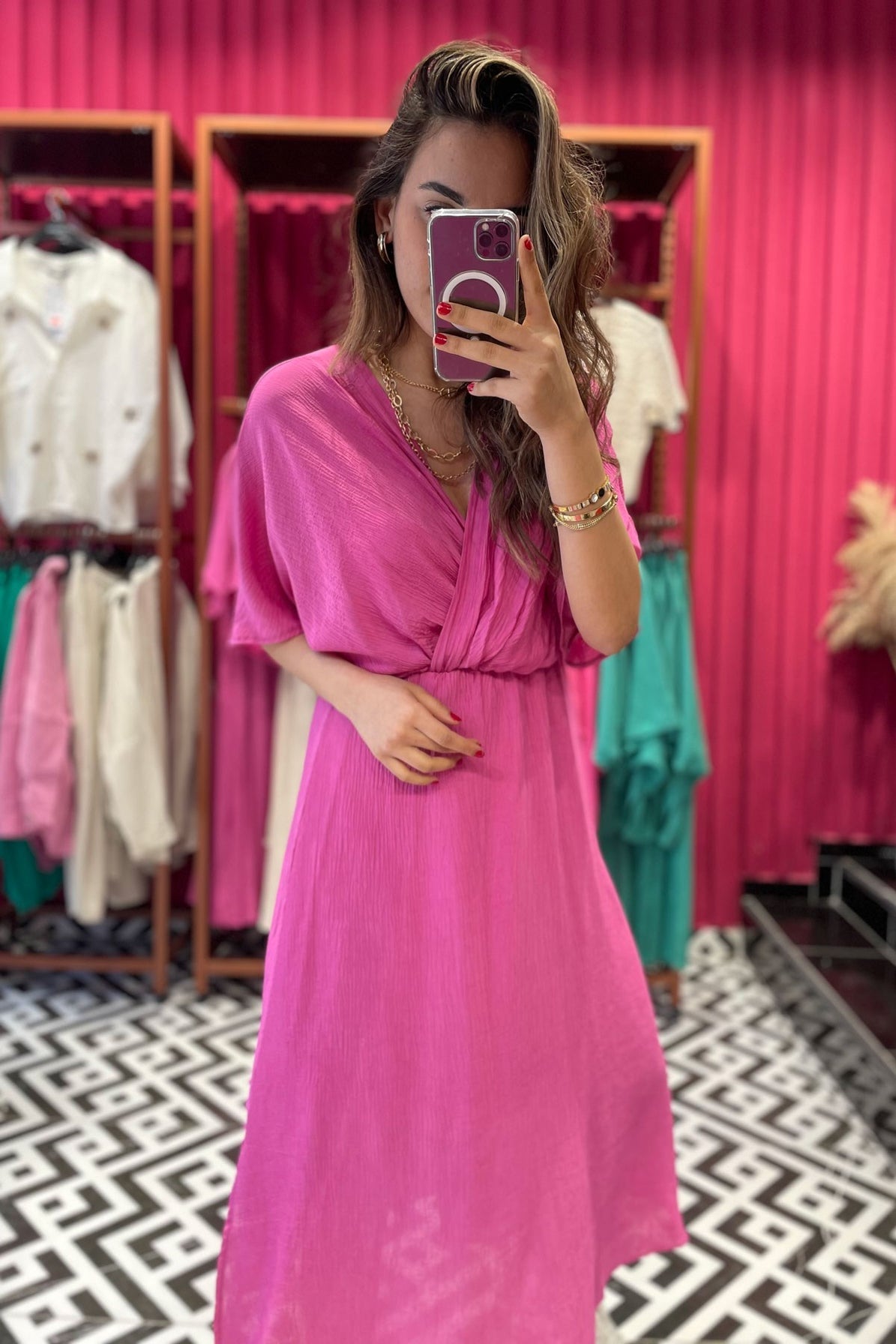 Women's Wrap-Front Fuchsia Midi Dress – Comfy2Wear