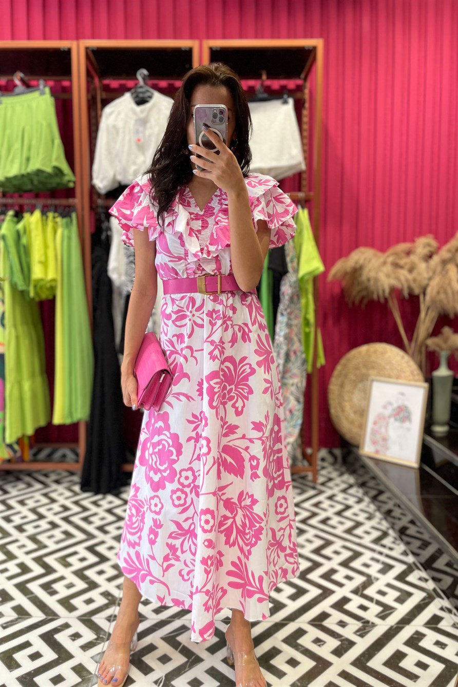 Women’s Fuchsia Patterned Ruffle Midi Dress