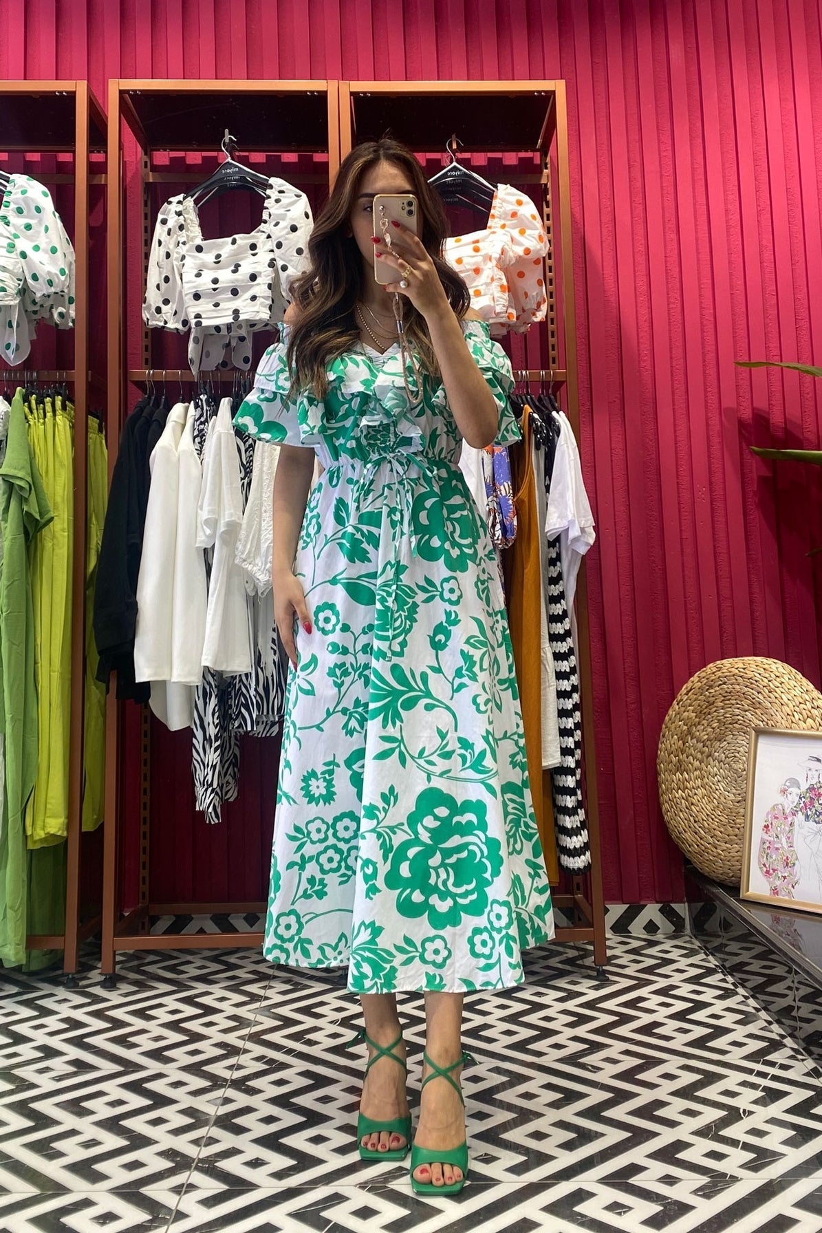 Women’s Green Patterned Ruffle Midi Dress