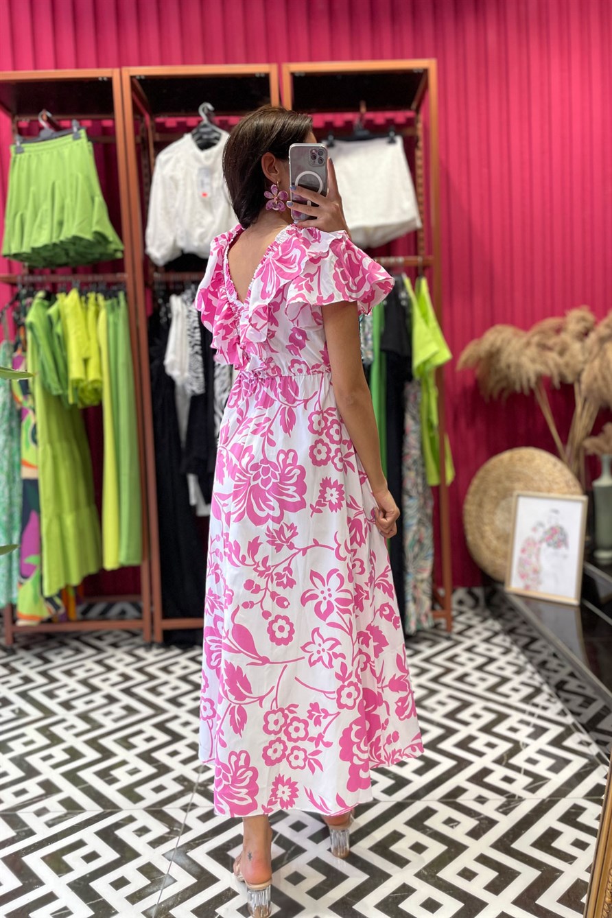 Women’s Fuchsia Patterned Ruffle Midi Dress