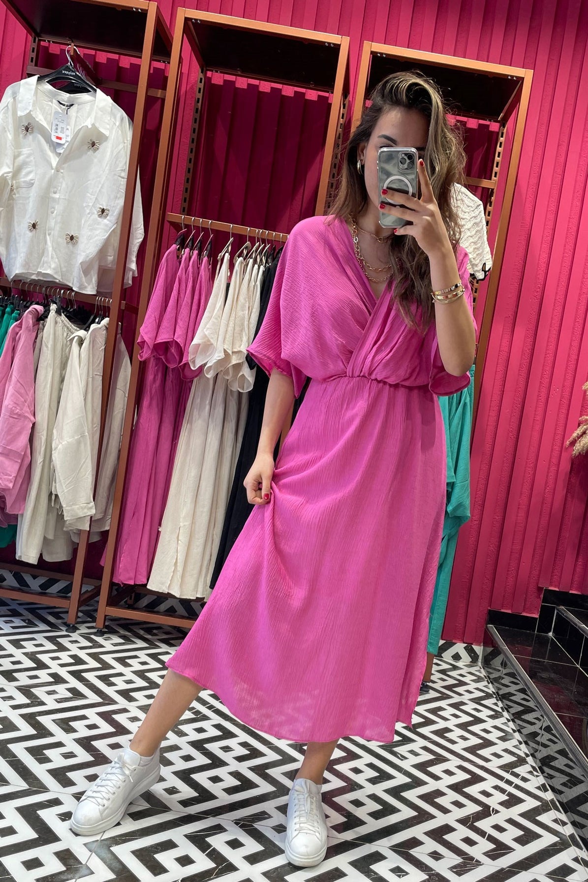 Women’s Wrap-Front Fuchsia Midi Dress