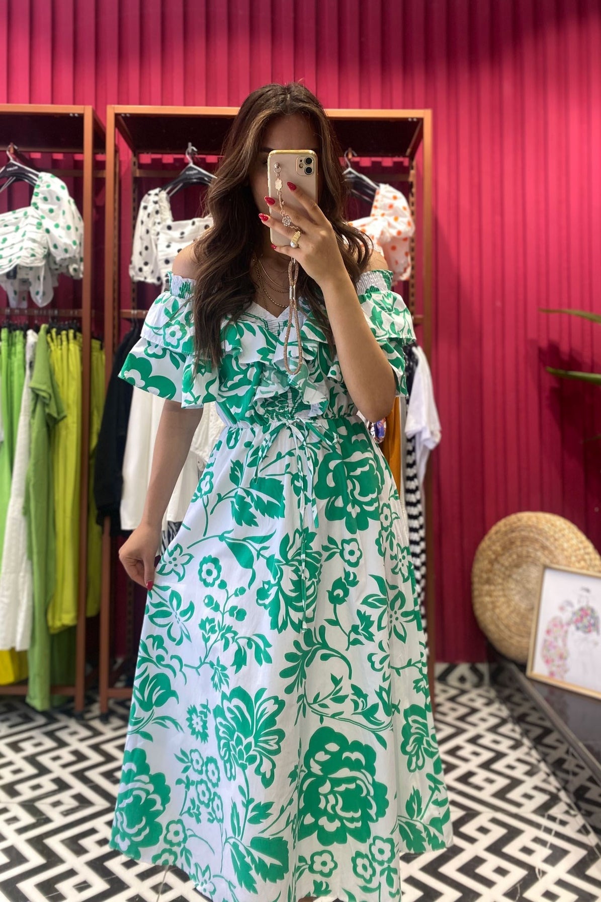 Women’s Green Patterned Ruffle Midi Dress